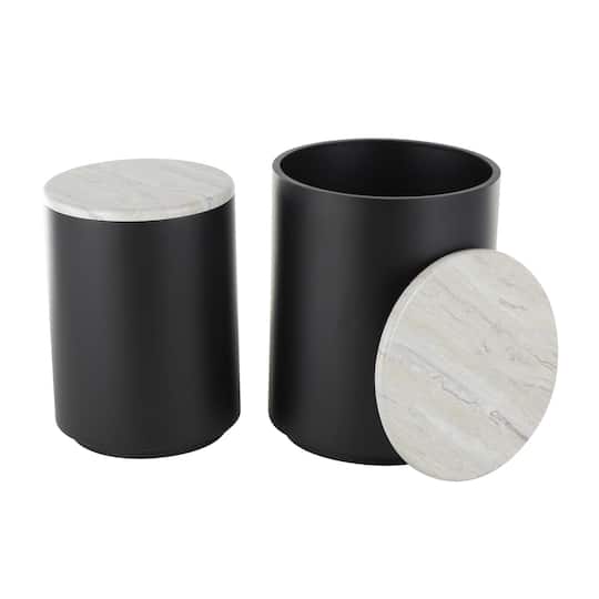 Black Metal Nesting Accent Table with Faux White Marble Top Set